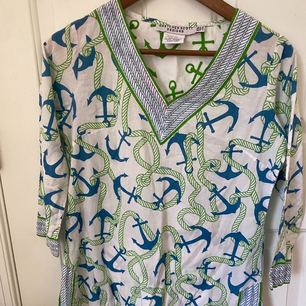 Gretchen Scott Designs Anchor White Green Blue Tunic XS